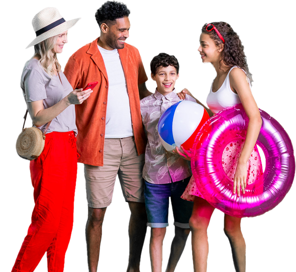 family on vacation holding pool toys